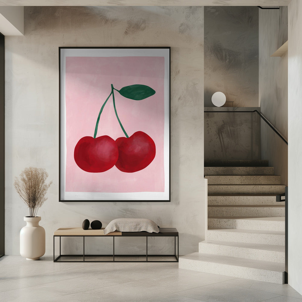 Rote Kirschen mit grünem Blatt | Poster