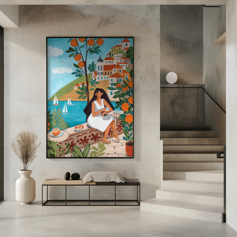 Reiseplakat Frau an der Mittelmeerküste | Poster