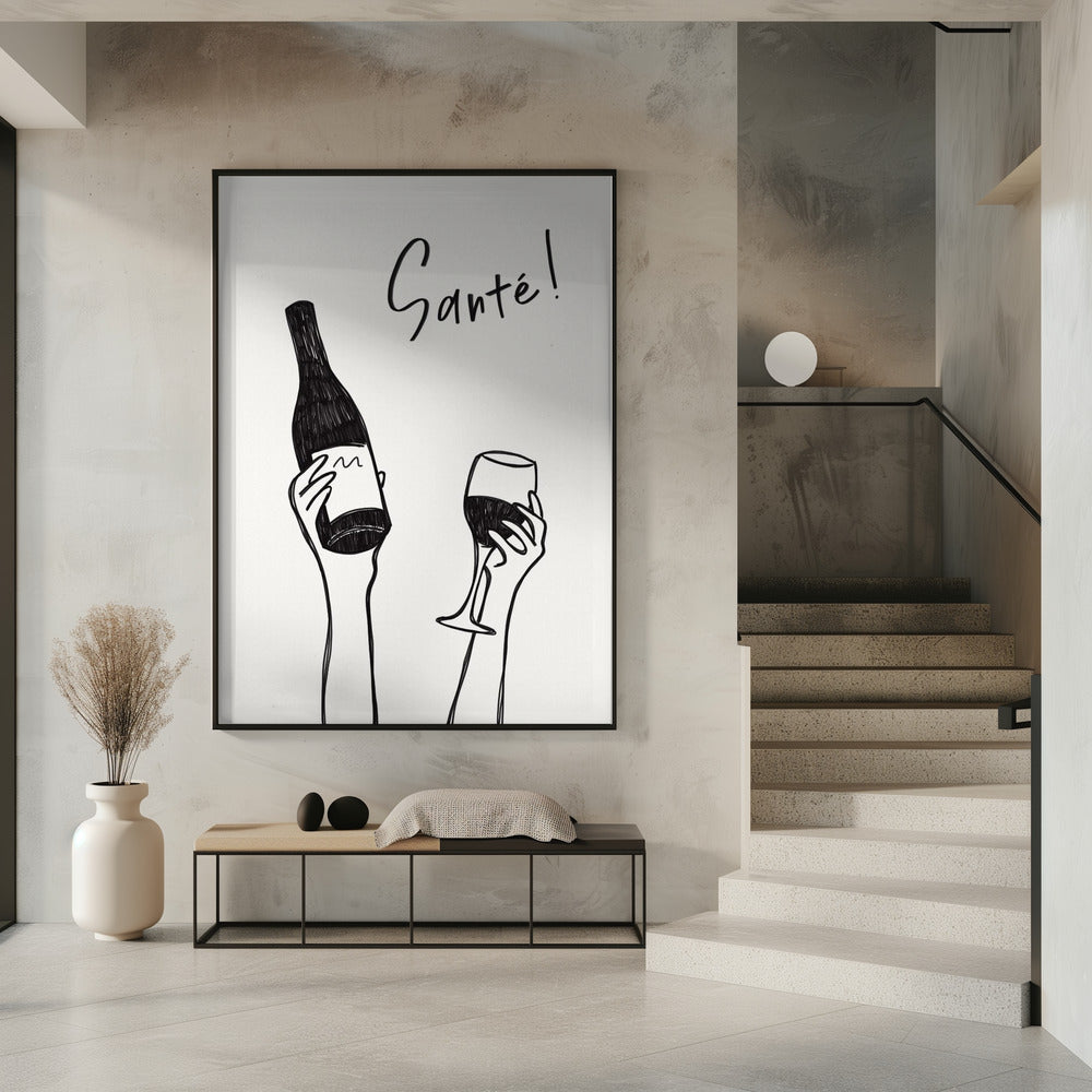 Hände halten eine Weinflasche und ein Weinglas mit dem Text „Prost!“ auf Französisch | Poster