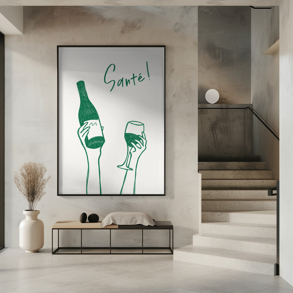 Hände halten eine Weinflasche und ein Weinglas mit dem Text „Prost!“ auf Französisch | Poster