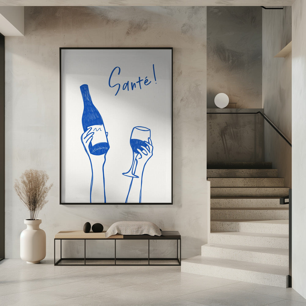 Hände halten eine Weinflasche und ein Weinglas mit dem Text „Prost!“ auf Französisch | Poster