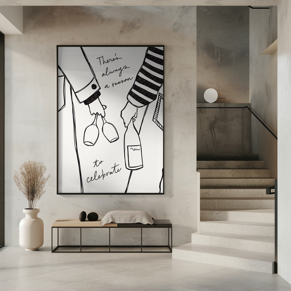 Frau hält Weinflasche und Weinglas (Schwarz-Weiß) – Wein Vin Femme Noir et Blanc | Poster