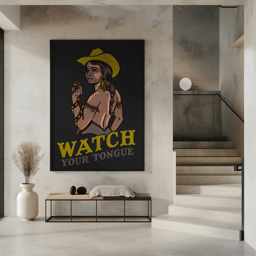 Pass auf deine Zunge auf – Badass Pin-Up Cowgirl &amp; Klapperschlange | Poster