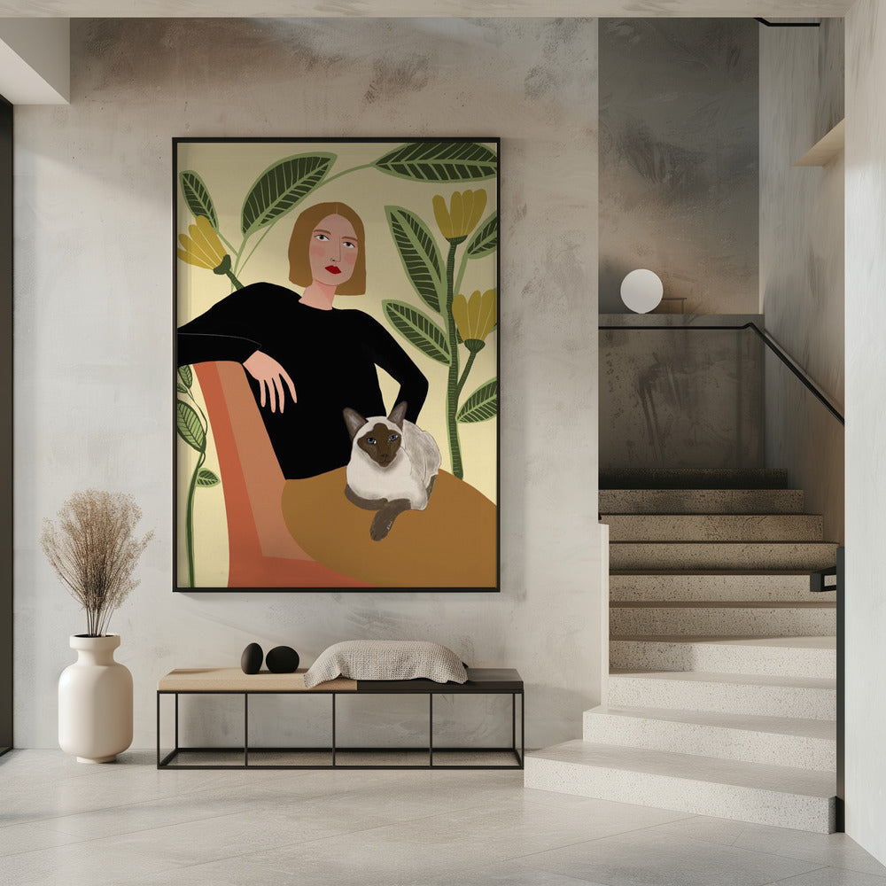 Dame mit Pflanzen und Katze | Poster