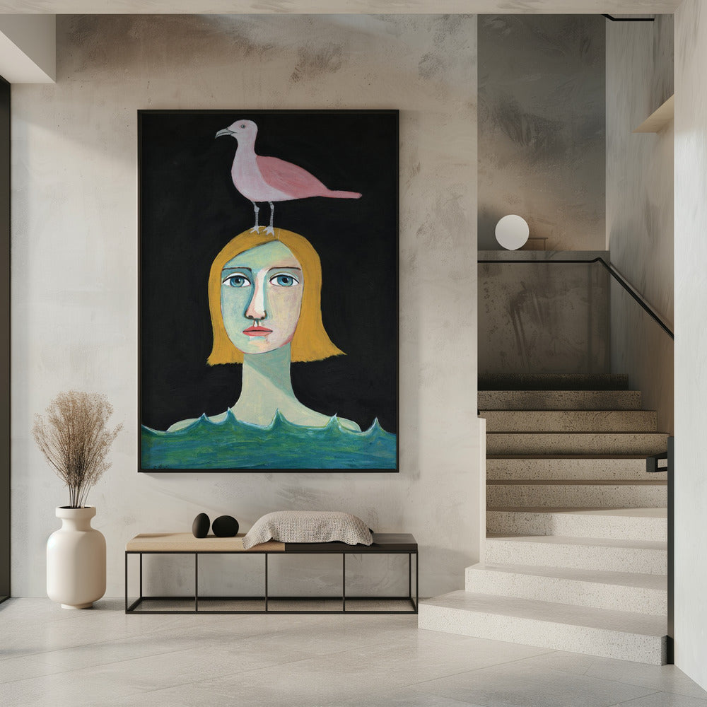 Schwimmendes Mädchen mit rosa Möwe | Poster