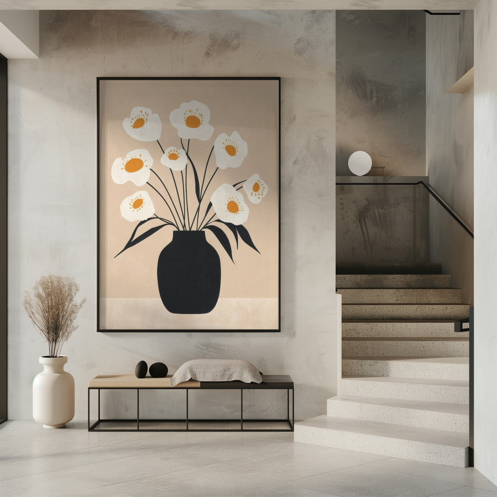 Weiße Blumen in schwarzer Vase | Poster