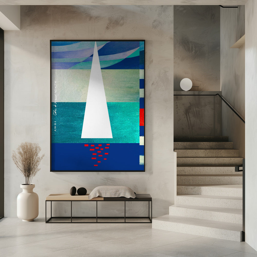 Abstraktes Segelboot an der französischen Riviera, farbenfroher Côte d'Azur-Kunstdruck | Poster