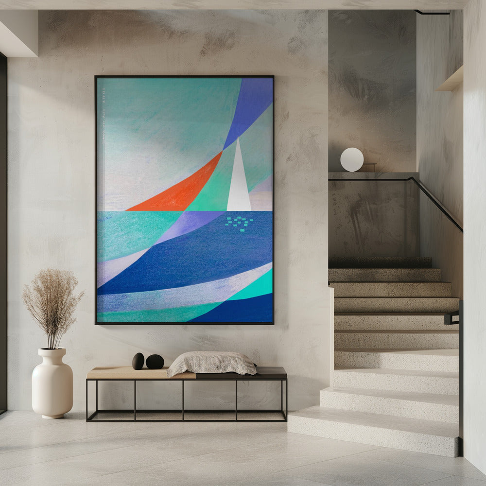 Abstrakte Ozeankunst mit minimalistischem weißen Segelboot auf dem Meer | Poster