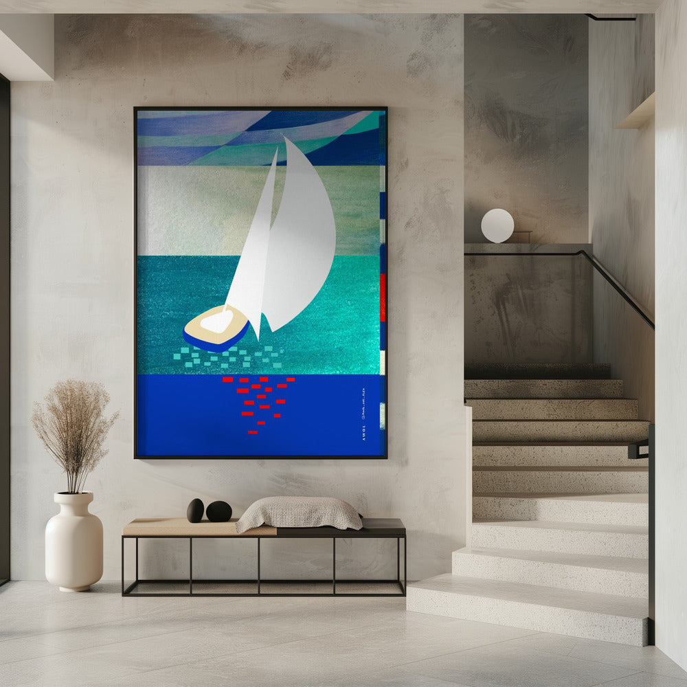 Weißes Segelboot mit Spiegelungen, abstrakte Meereskunst mit grafischen Streifen | Poster