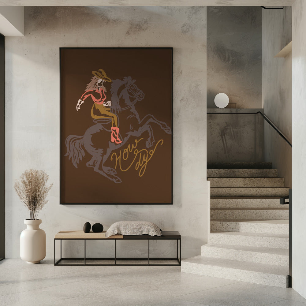 Cowgirl reitet auf einem sich aufbäumenden Pferd | Poster