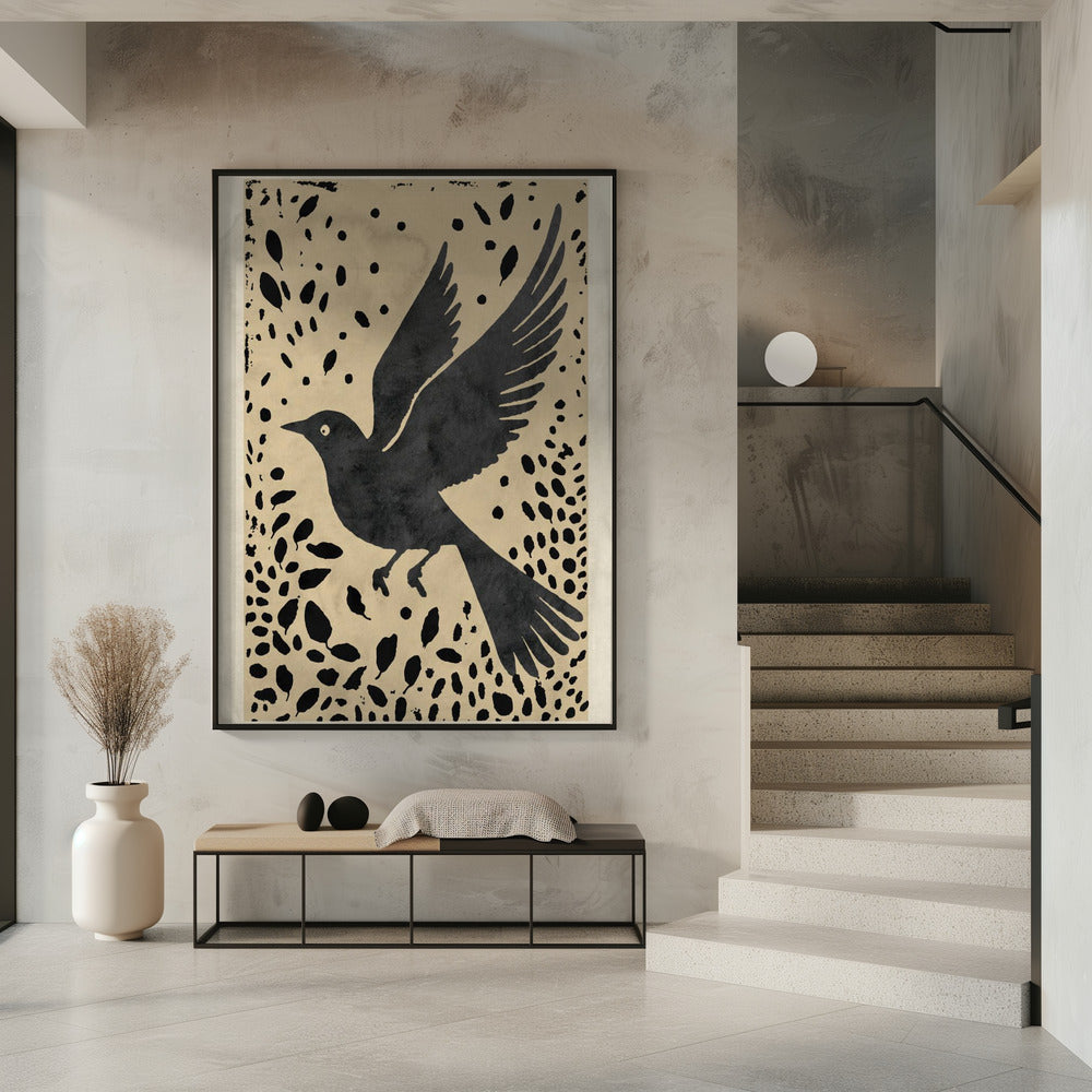 Vogel im Flug, umgeben von verstreuten Blättern | Poster