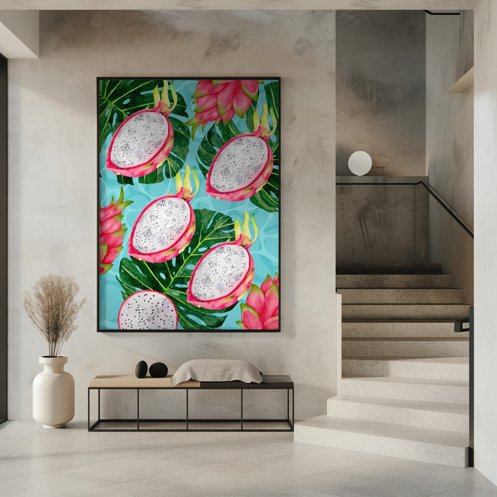 Vibrant Dragon Fruit &amp; Monstera Leaves Aesthetic Pattern - Exotic Tropical watercolor | Poster