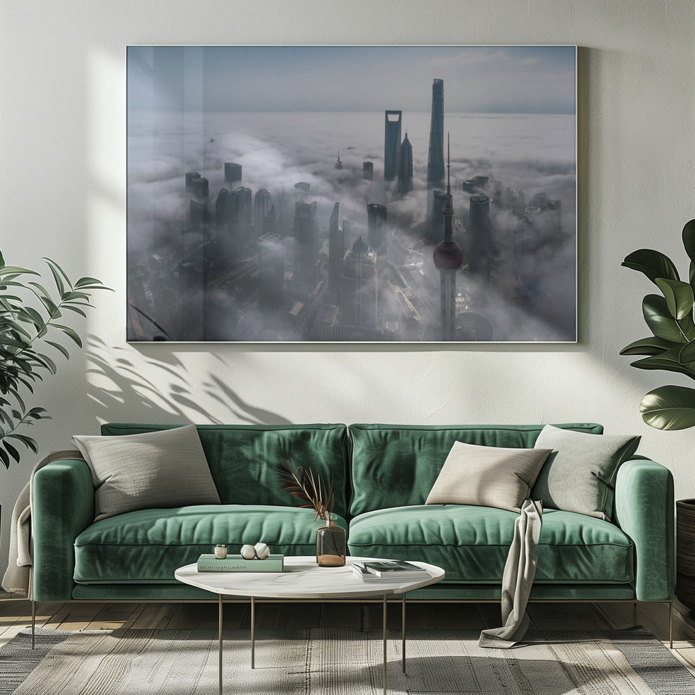 Shanghai im Nebel von oben | Leinwand