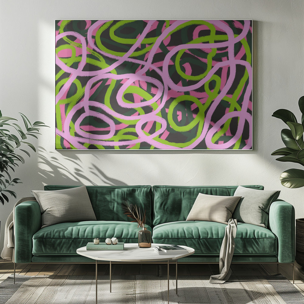 Ineinander verschlungene rosa und grüne Linien | Leinwand