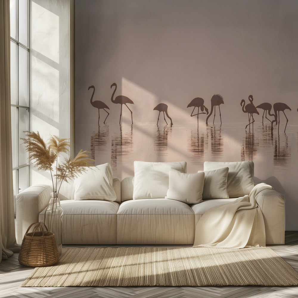 Flamingos im Nebel | Tapete