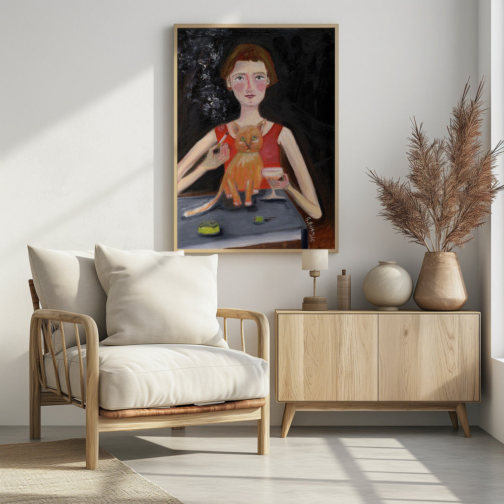 Vintage Frau mit Cocktail und Katze | Poster