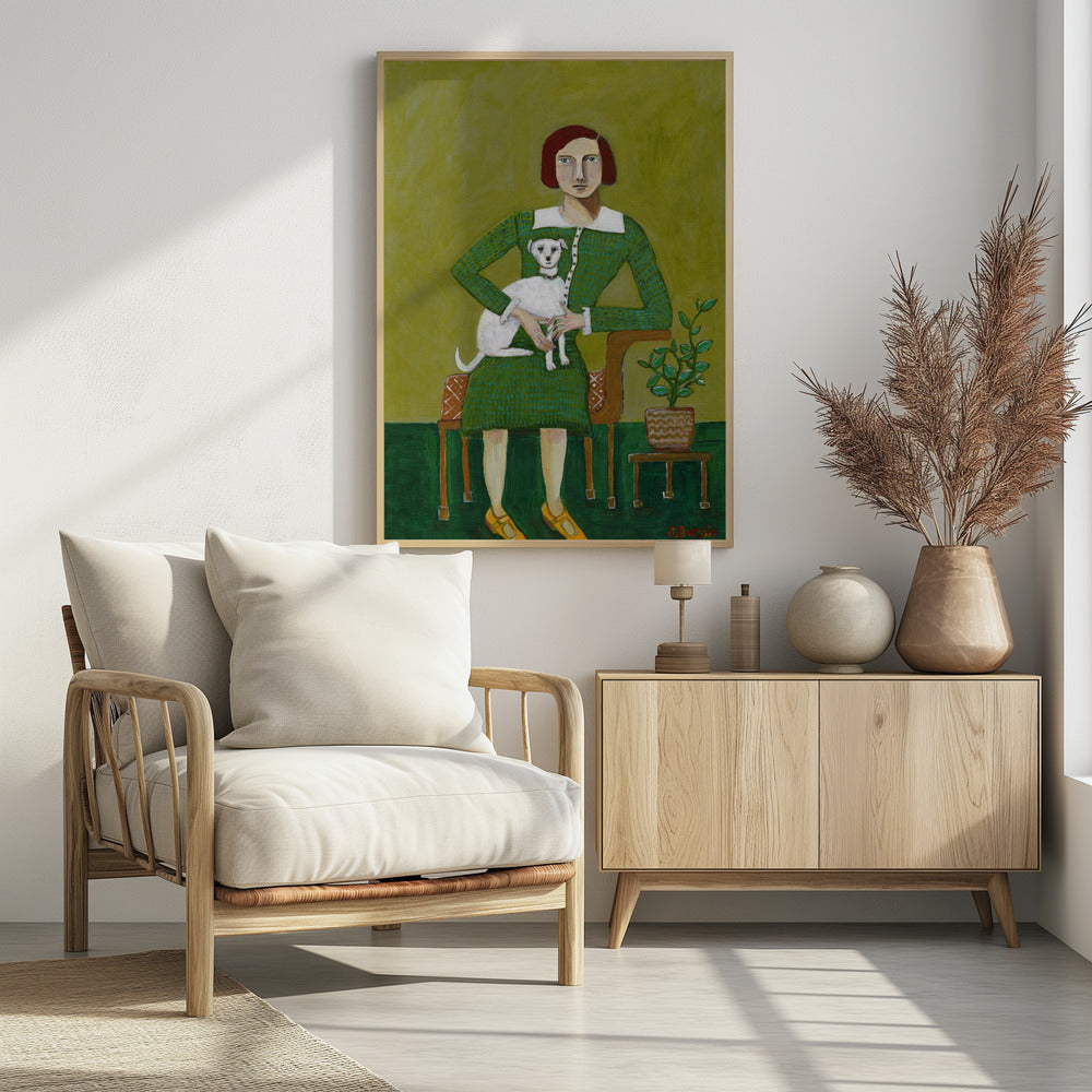 Vintage Dame mit ihrem weißen Hund | Poster