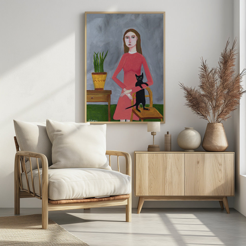 Katzendame mit schwarzer Katze | Poster