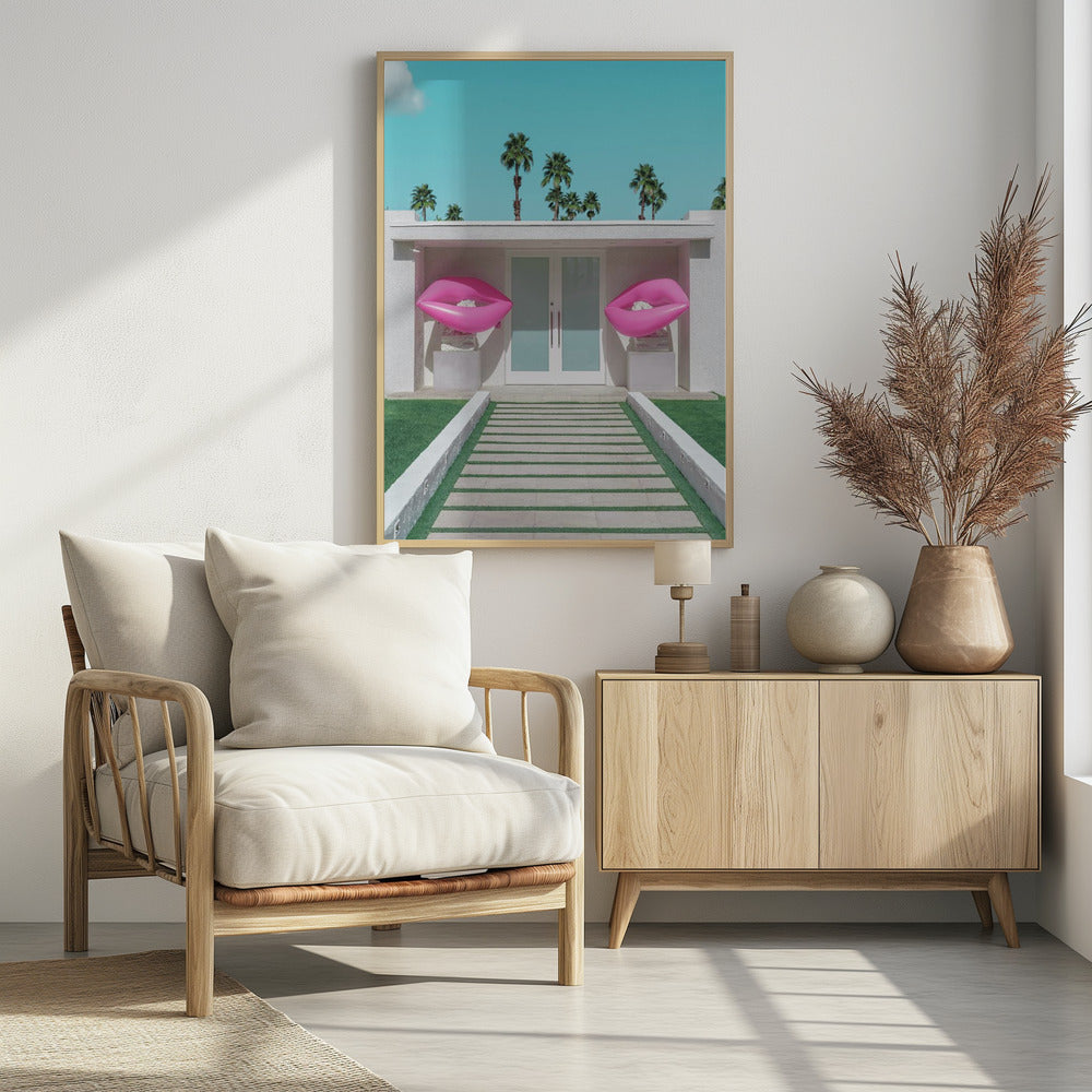 Mid-Century Modern Haus mit rosa Lippen | Poster