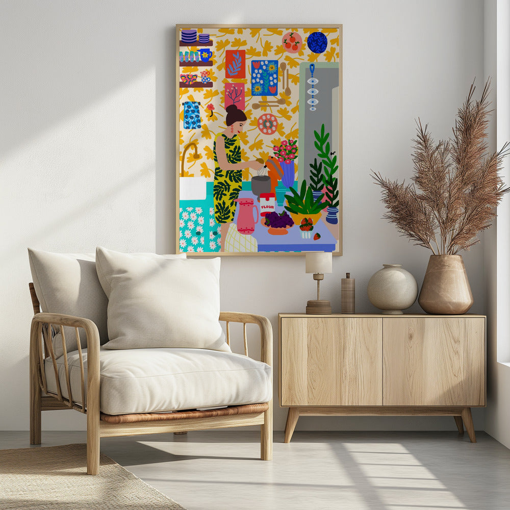Eine Frau in einer Küche mit Blumen | Poster
