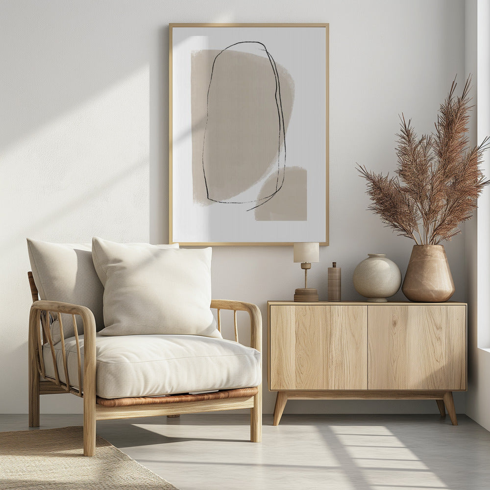 Weiche beige Formen und fließende schwarze Linien | Poster