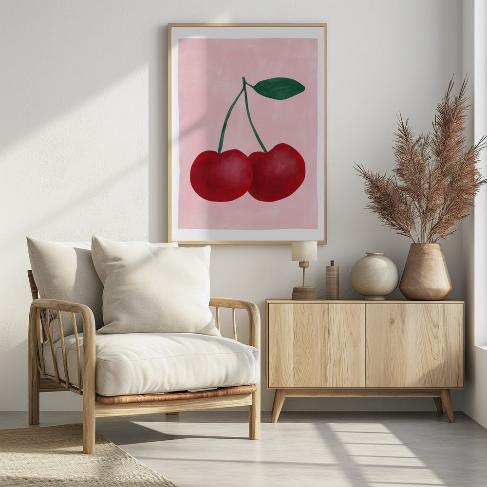 Rote Kirschen mit grünem Blatt | Poster