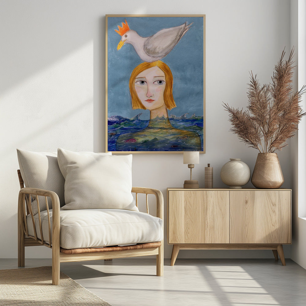 Schwimmerin mit Möwe | Poster
