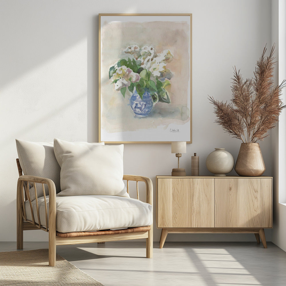 Weißer Flieder in einer Vase, Aquarell. | Poster