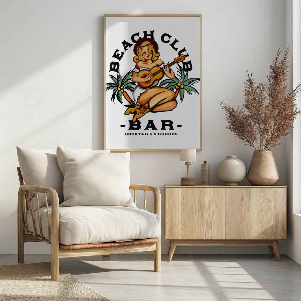 Beach Club Bar. Pin-up-Girl im Sailor Jerry-Stil spielt Gitarre | Poster