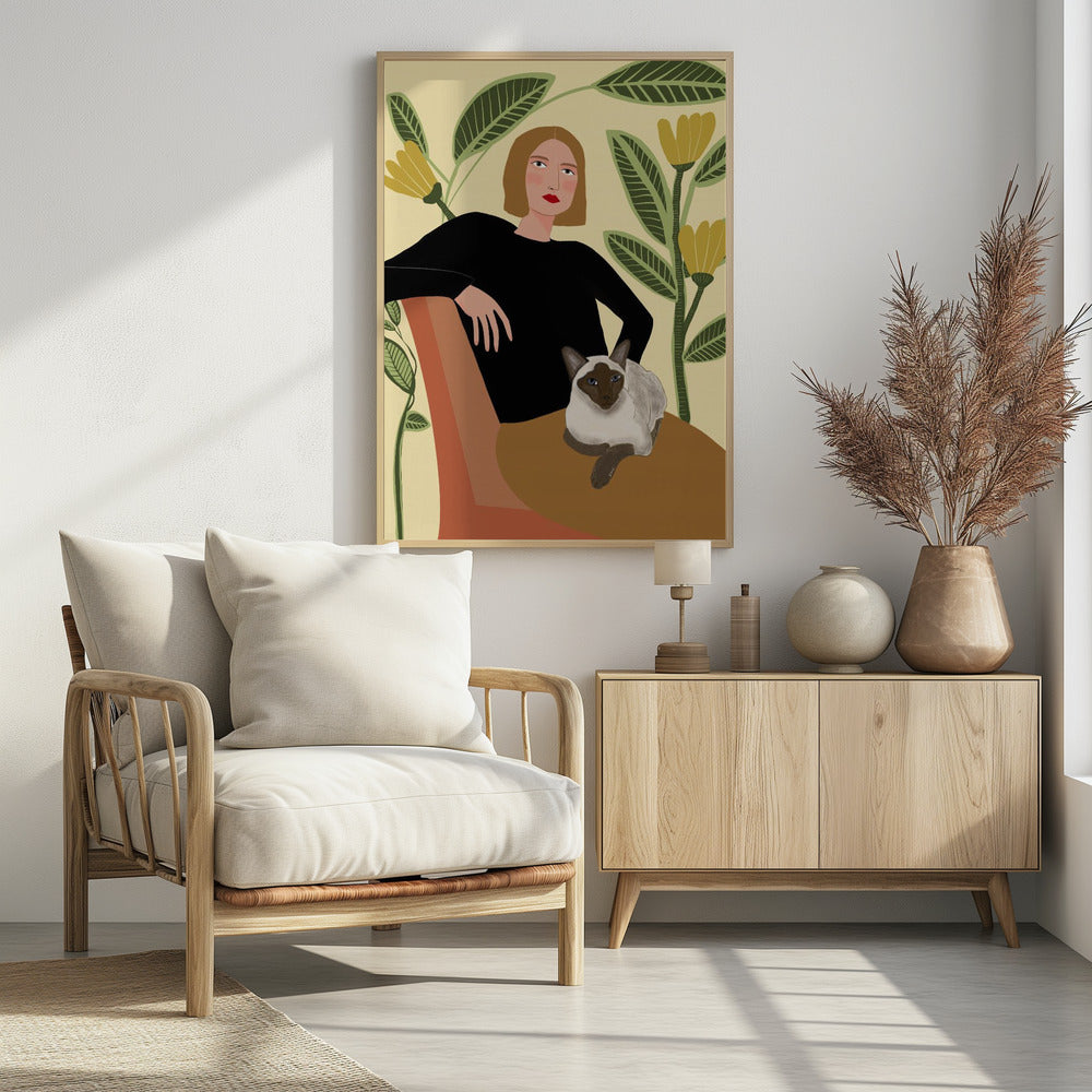 Dame mit Pflanzen und Katze | Poster