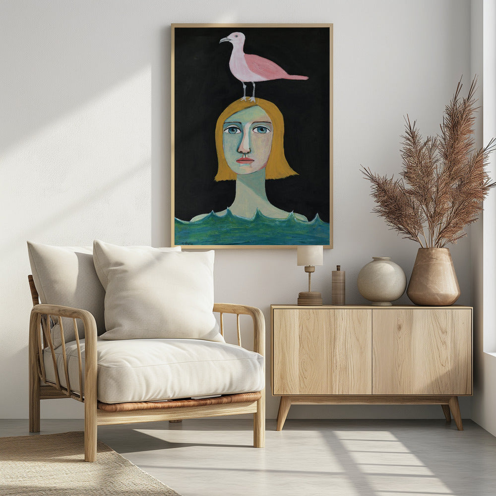 Schwimmendes Mädchen mit rosa Möwe | Poster