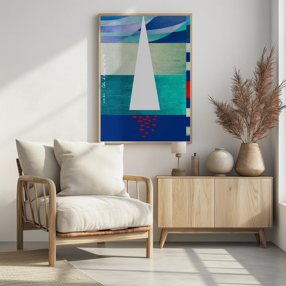 Abstraktes Segelboot an der französischen Riviera, farbenfroher Côte d'Azur-Kunstdruck | Poster