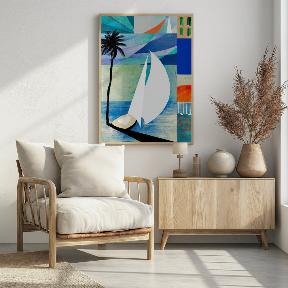 Farbenfroher mediterraner Reisekunstdruck mit Sonnenaufgang und Palme | Poster