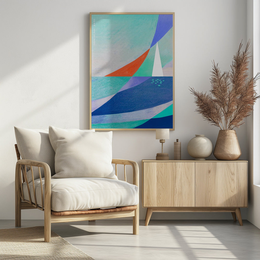 Abstrakte Ozeankunst mit minimalistischem weißen Segelboot auf dem Meer | Poster