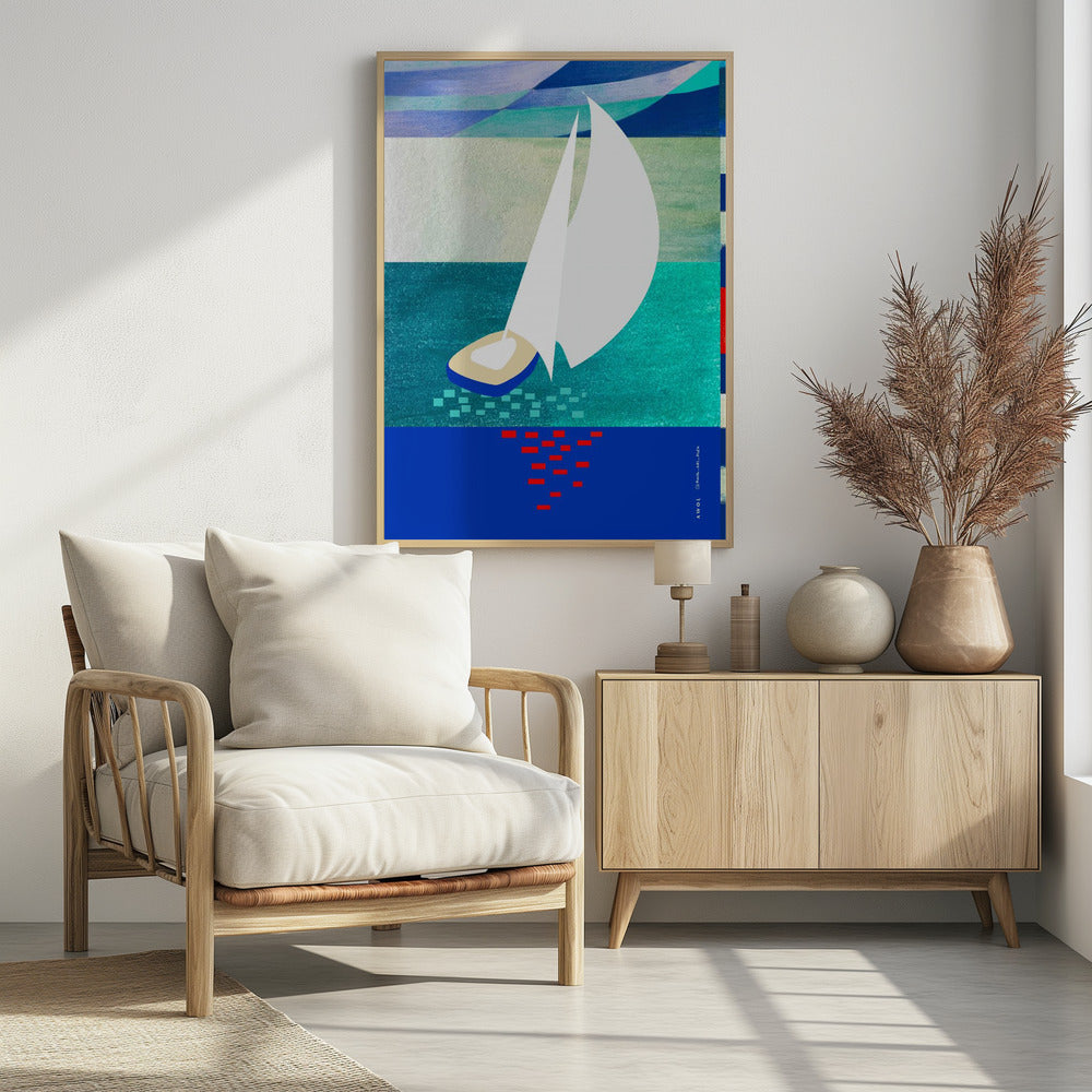 Weißes Segelboot mit Spiegelungen, abstrakte Meereskunst mit grafischen Streifen | Poster