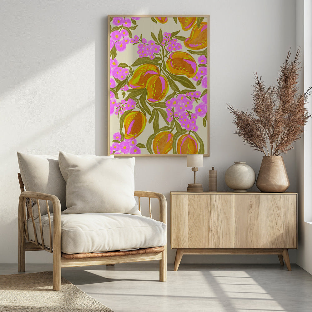 Tropisches Thema mit üppigen Mangos und Blumen | Poster