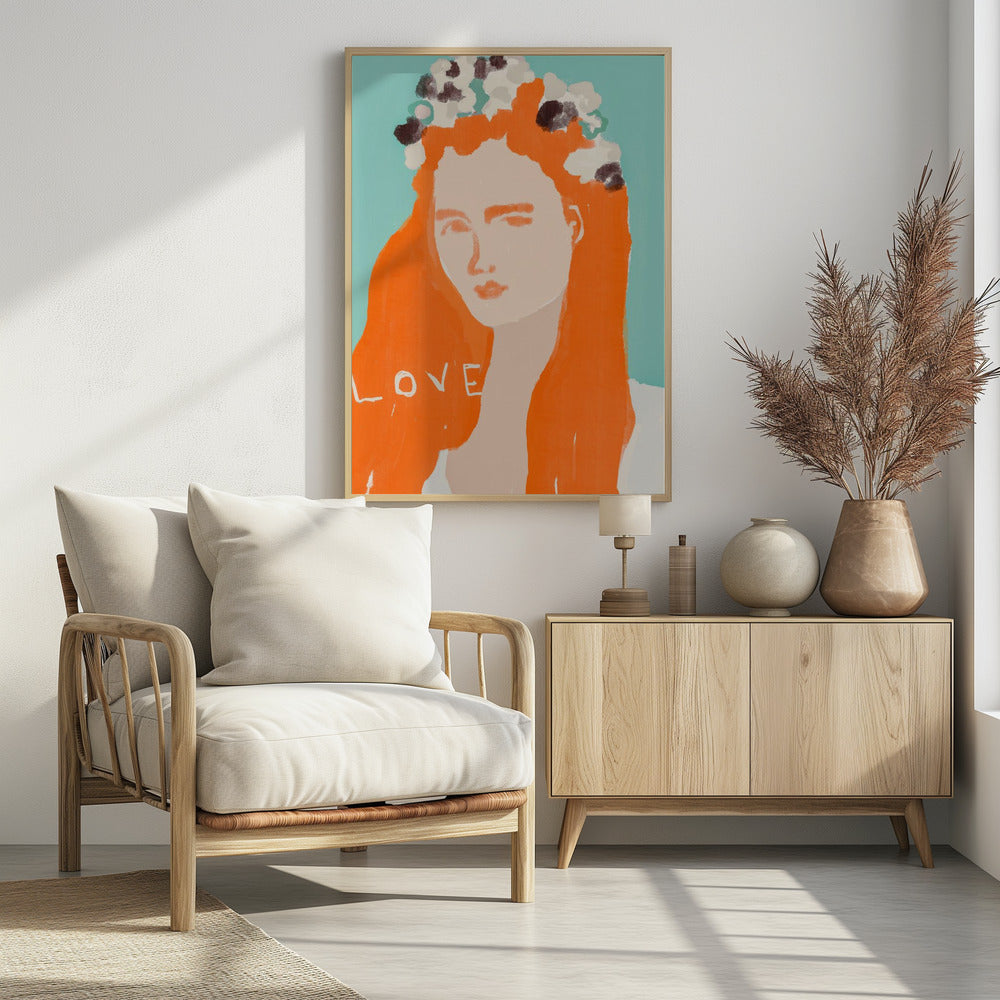 Frau mit orangefarbenem Haar, geschmückt mit Blumen | Poster