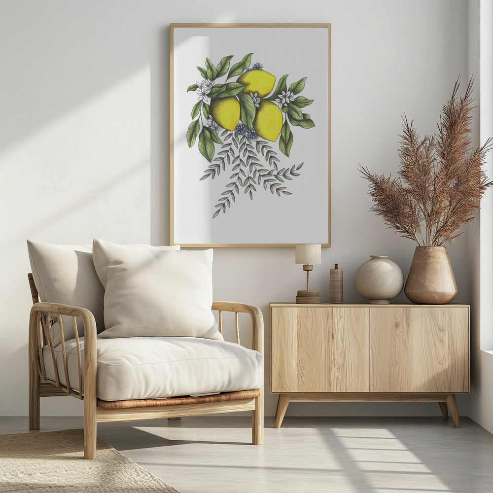 Zitronen und grüne Blätter mit zarten weißen Blüten | Poster