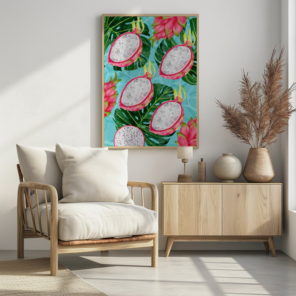 Vibrant Dragon Fruit &amp; Monstera Leaves Aesthetic Pattern - Exotic Tropical watercolor | Poster