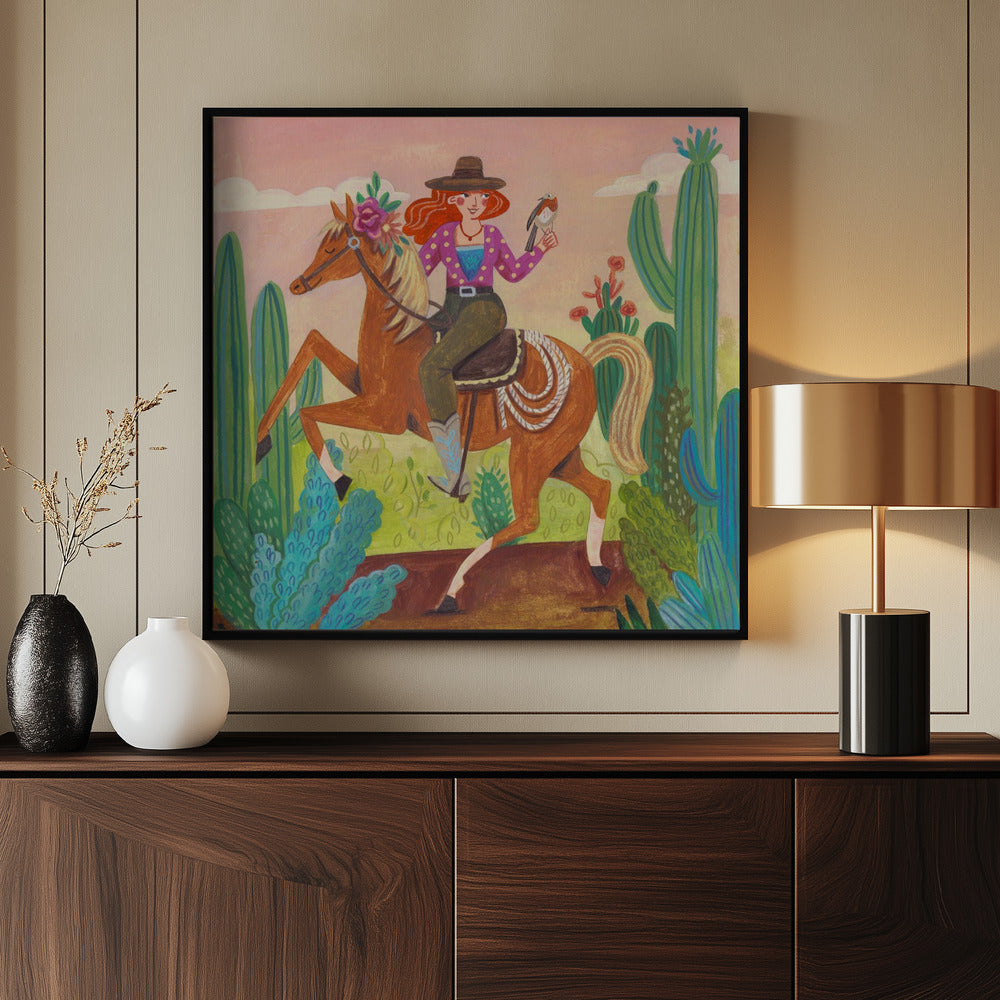 Cowgirl auf Pferd in der Wüste | Poster