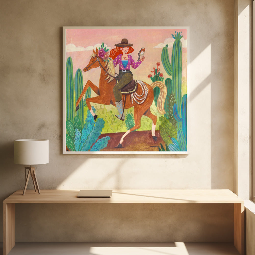 Cowgirl auf Pferd in der Wüste | Poster