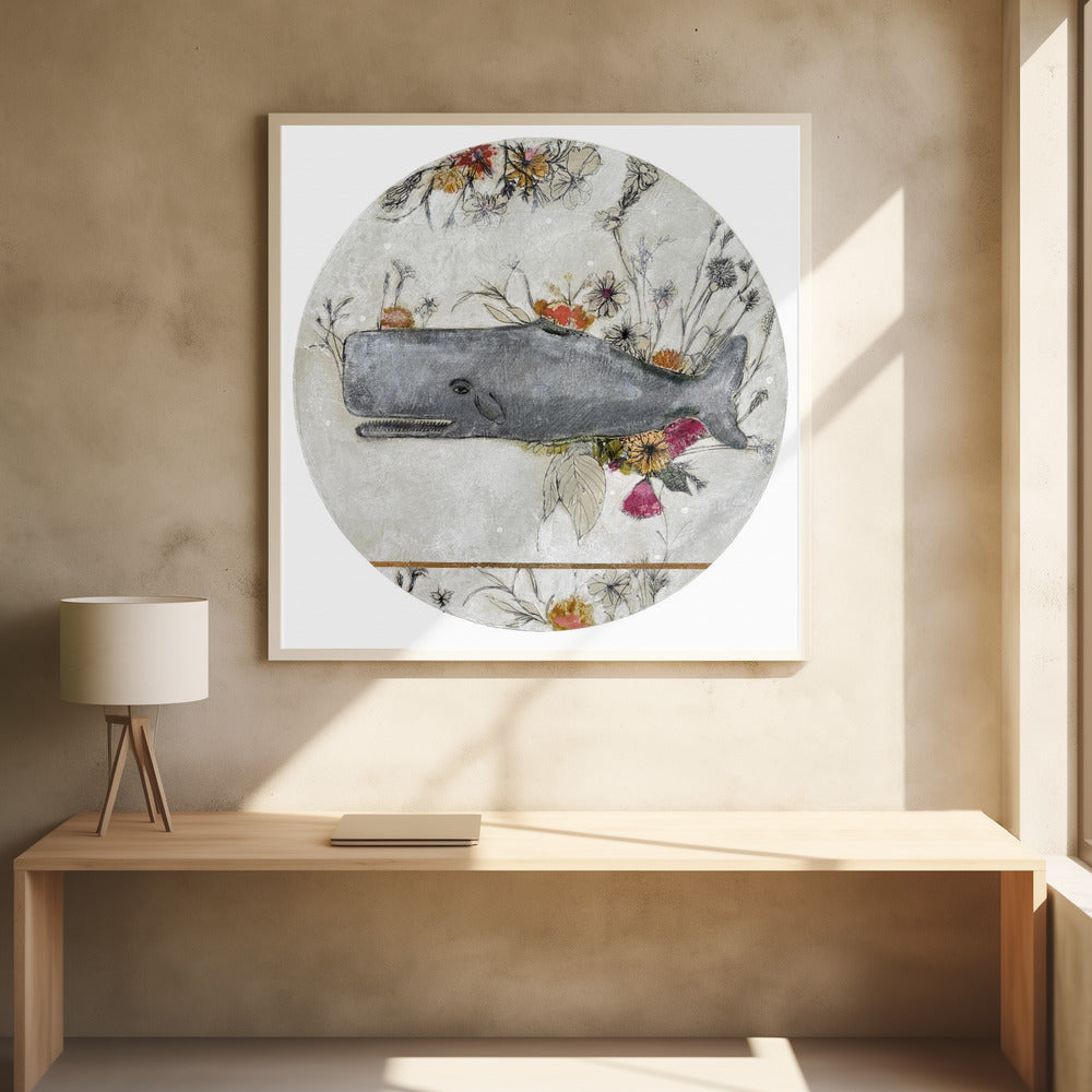 Wal vor einem Hintergrund aus zarten Blumen | Poster