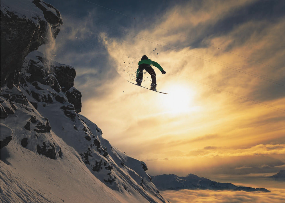 Snowboarden bei Sonnenuntergang | Leinwand