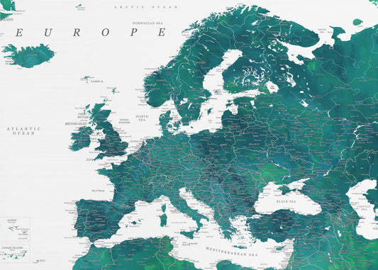 Blaugrüne detaillierte Europakarte | Leinwand