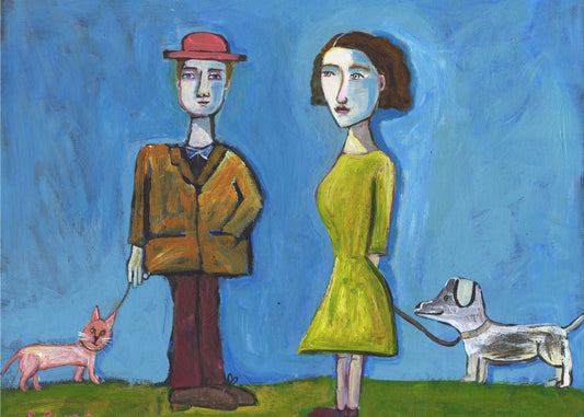 Menschen gehen mit Katze und Hund spazieren | Poster