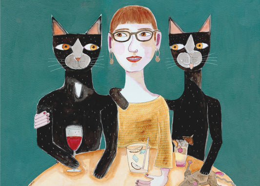 Dame mit ihren zwei schwarzen Katzen beim Trinken | Poster