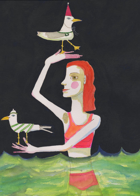 Schwimmende Dame mit Vögeln | Leinwand