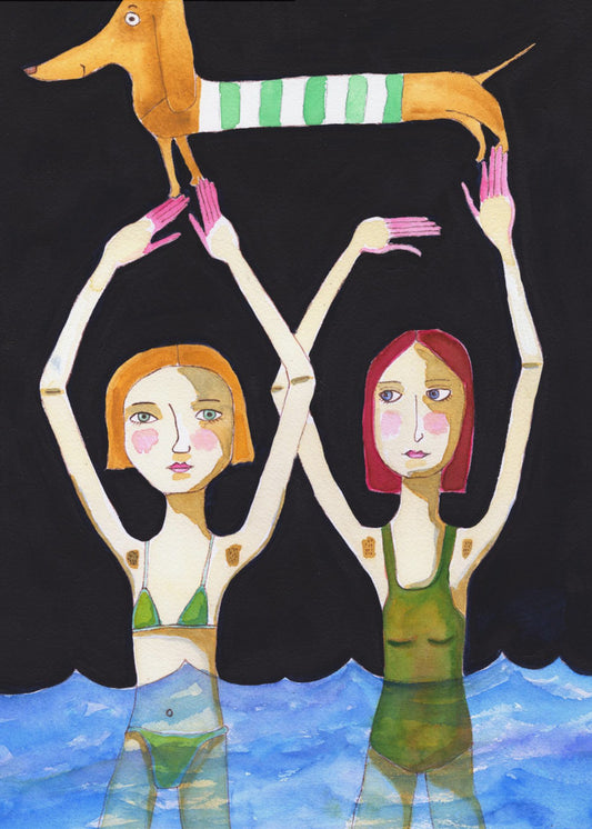 Schwimmende Mädchen mit Dackel | Poster