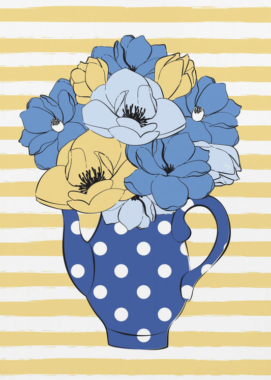 Blaue und gelbe Blumen in einer gepunkteten Vase | Leinwand