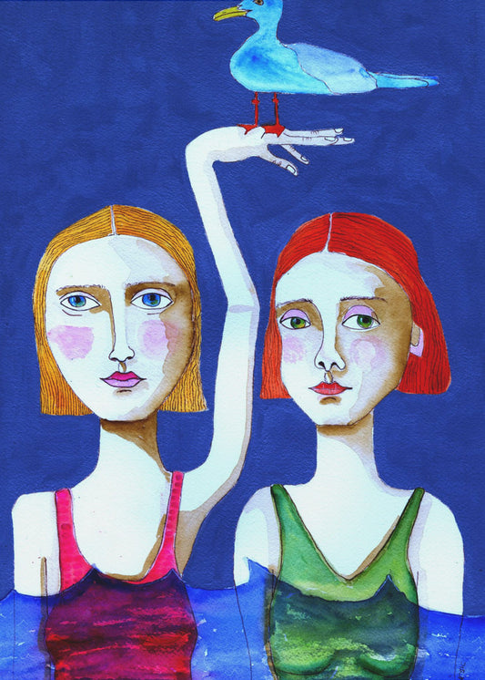 Schwimmende Damen mit blauem Vogel | Poster